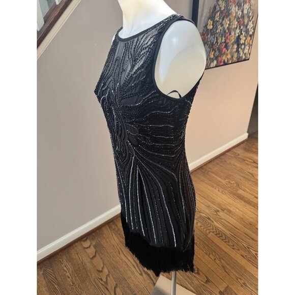 Caché Vintage Y2K Beaded Fringe Flapper Mini Dress Black Size 6 - Picture 3 of 4